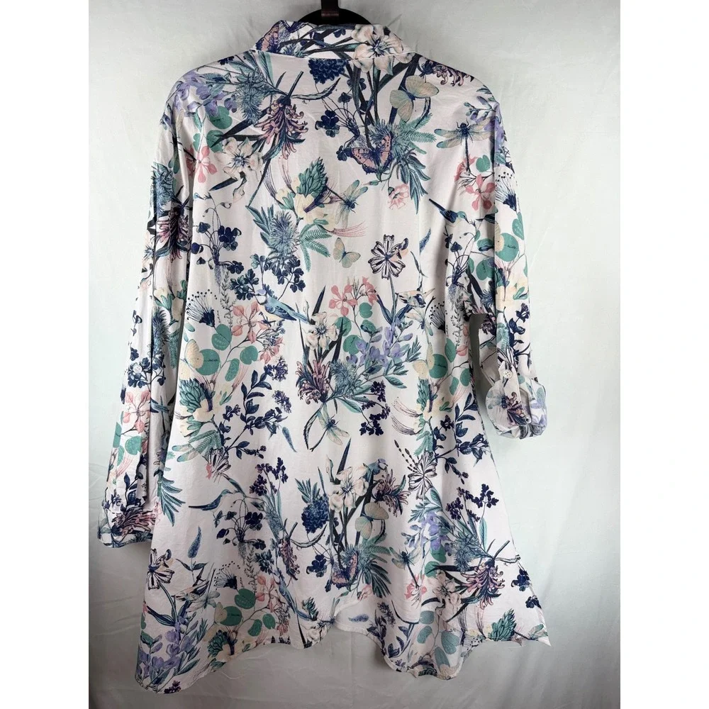 Cupio Womens XL Dragonfly‎ Butterfly Floral Print Button Up Tunic Shirt Top